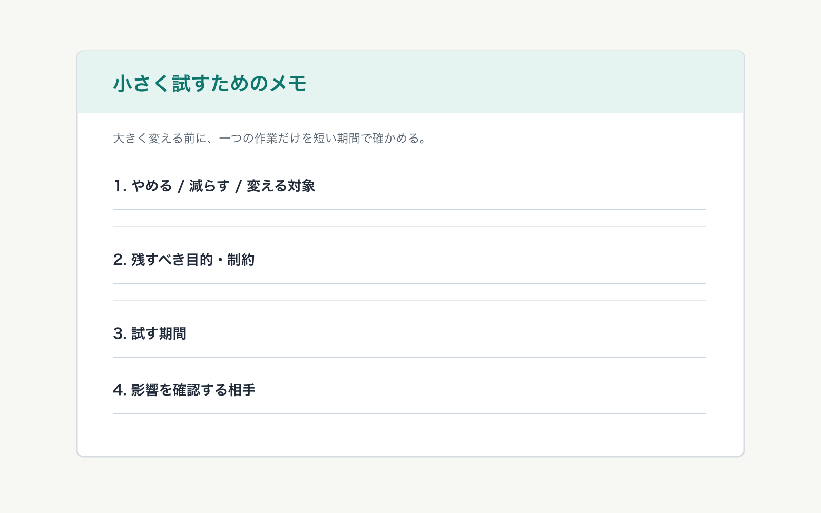 改善を小さく試すために、対象、目的と制約、期間、確認相手を記録する四行メモ